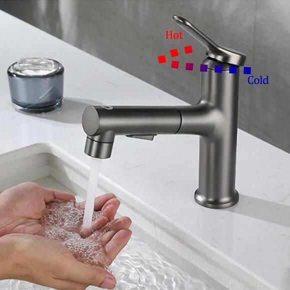Modern Bathroom Faucet with Pull Out Sprayer - Three Water Modes, One Hole GREY - Picture 3 of 7